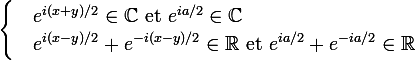 \begin{cases} & \large e^{i(x+y)/2}\in \mathbb{C} \text{ et } e^{i a/2}\in \mathbb{C} \\ & \large e^{i(x-y)/2}+e^{-i(x-y)/2}\in \mathbb{R} \text{ et } e^{i a/2}+e^{-i a/2}\in \mathbb{R}\end{cases}
